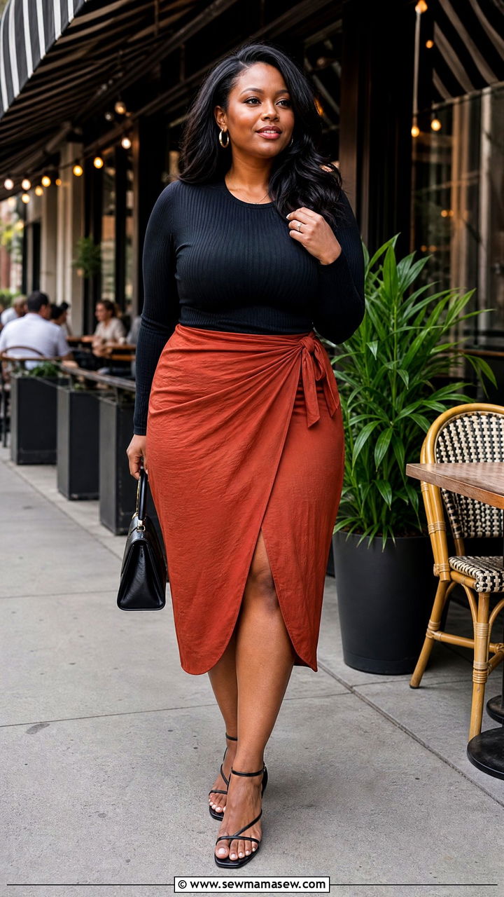 Wrap Midi Skirt Outfit with a Fitted Ribbed Top and Heeled Sandals - 25 Flattering outfits for big thighs