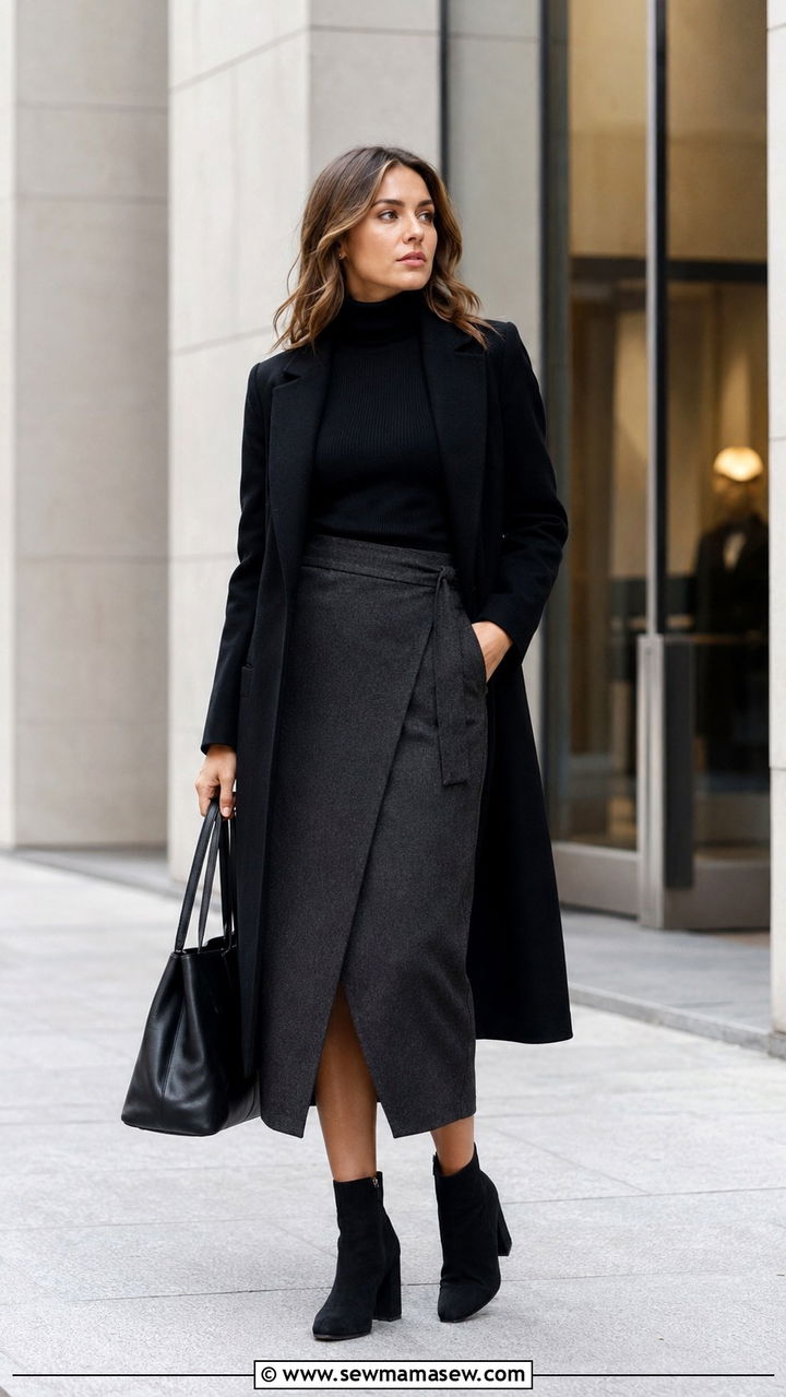 Wrap Midi Skirt With Ankle Boots - 30 Midi skirt outfit ideas with boots