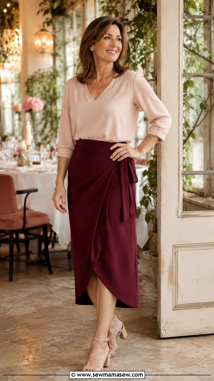 Wrap Midi Skirt With Blouse And Low Block Heels - 30 midi skirt outfits for women over 40