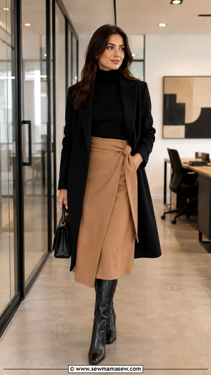 Wrap Midi Skirt With Knee High Boots - 30 Midi skirt outfit ideas with boots