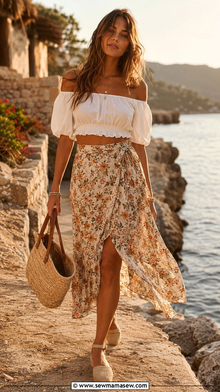 Wrap Midi Skirt With Off Shoulder Top - 25 Boho outfit ideas with midi skirt