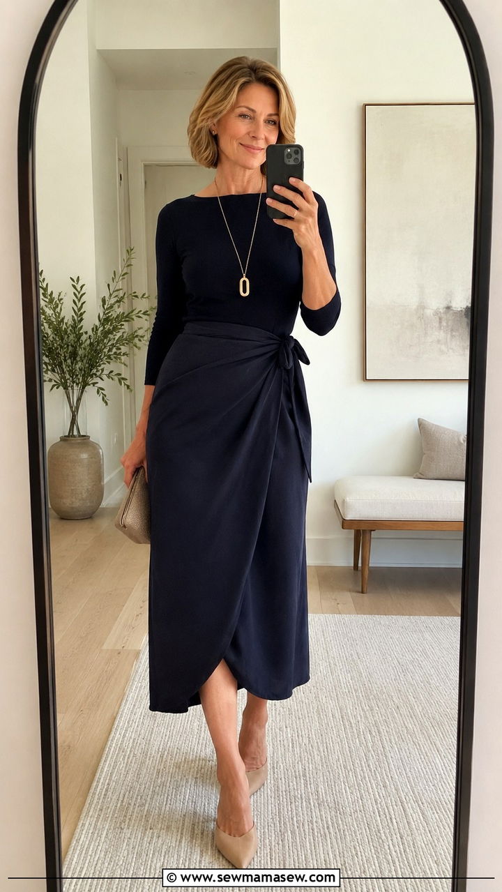 Wrap Midi Skirt with Fitted Knit Top - 25 Outfit ideas for pear shape over 40