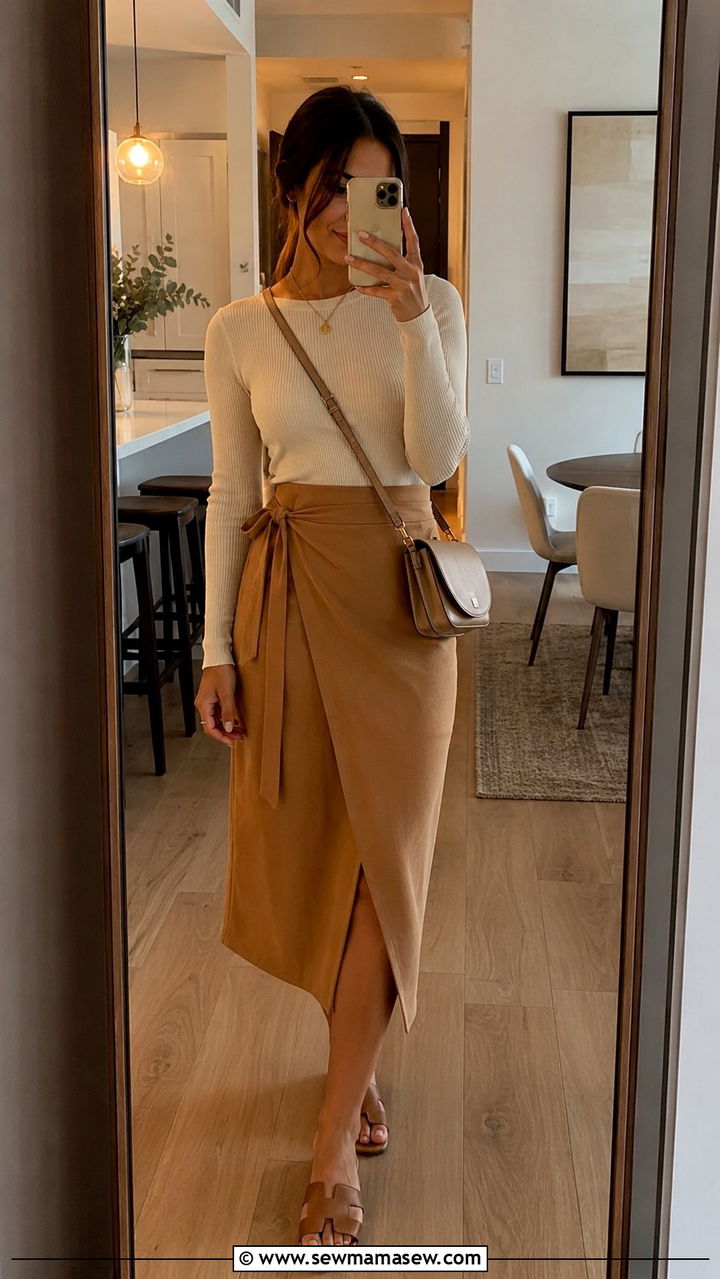 Wrap Midi Skirt with Ribbed Knit Top - 30 Modest spring outfits