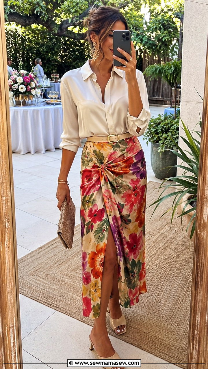 Wrap Skirt And Blouse With Heeled Mules - 30 chic summer wedding guest outfits for women