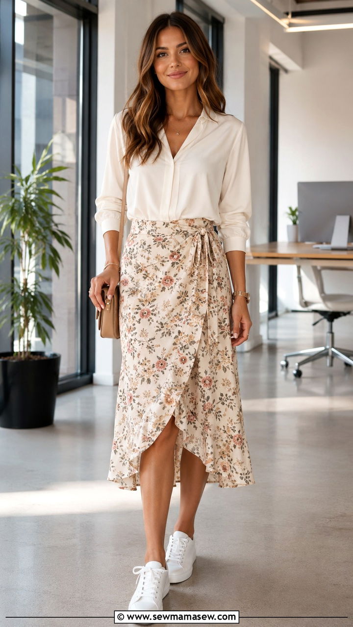 Wrap Skirt With Neutral Sneakers And Soft Blouse - 25 White sneakers outfit ideas with a skirt