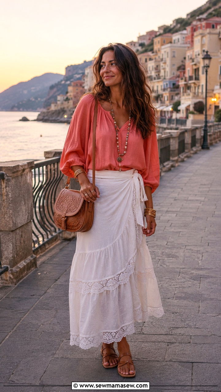 Wrap Skirt With Peasant Blouse - 30 Italian Riviera outfit ideas
