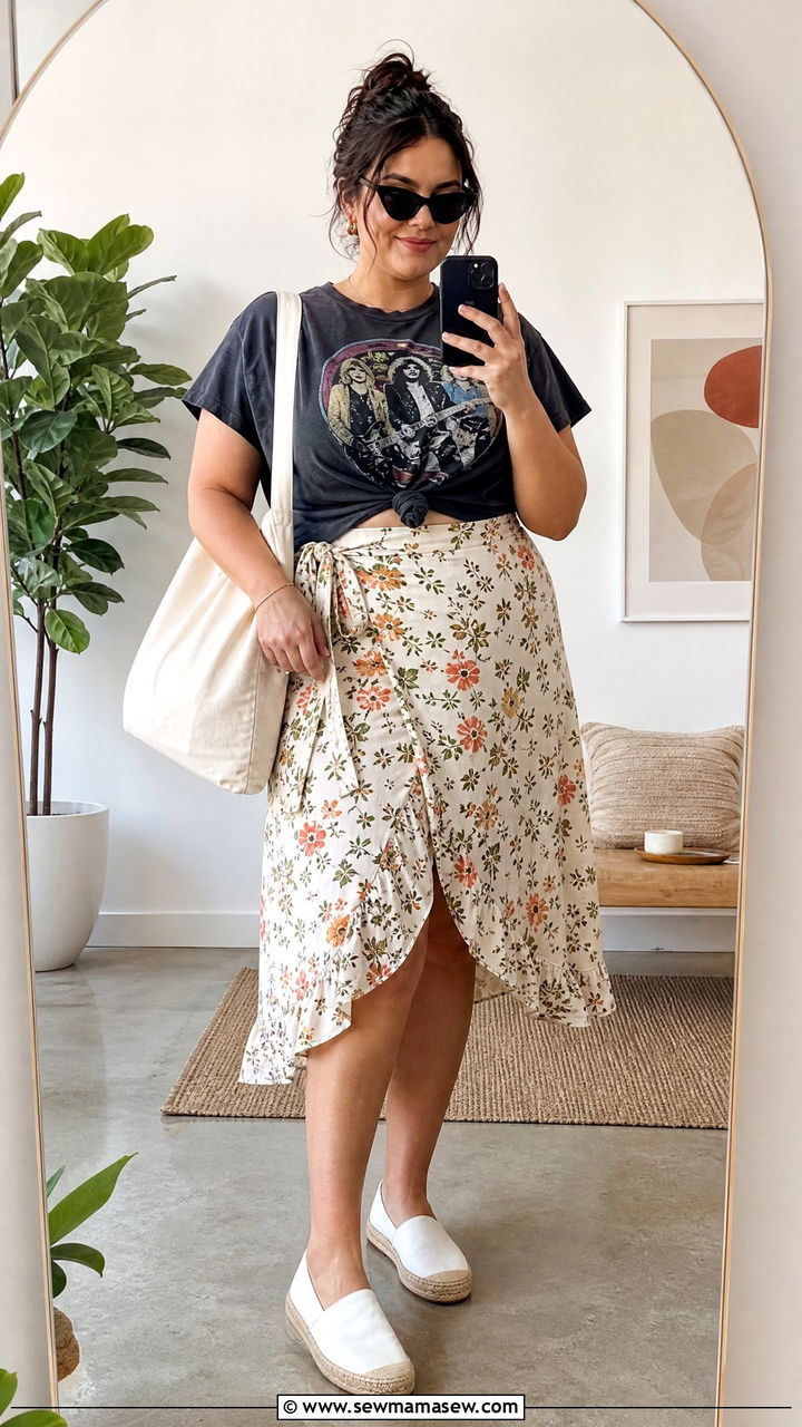 Wrap Skirt with Knotted Graphic Tee - 30 Summer outfits for plus size