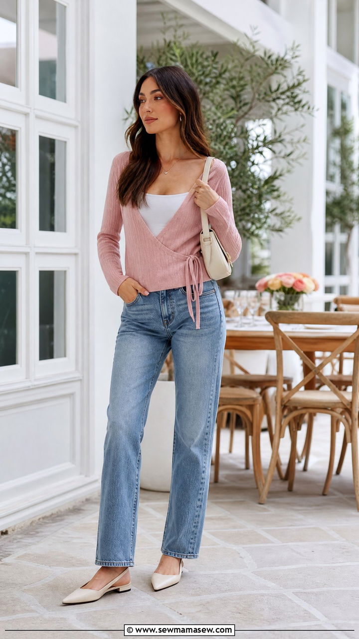 Wrap Sweater Over a Fitted Tank and Straight Leg Jeans - 30 Cool morning warm afternoon outfits