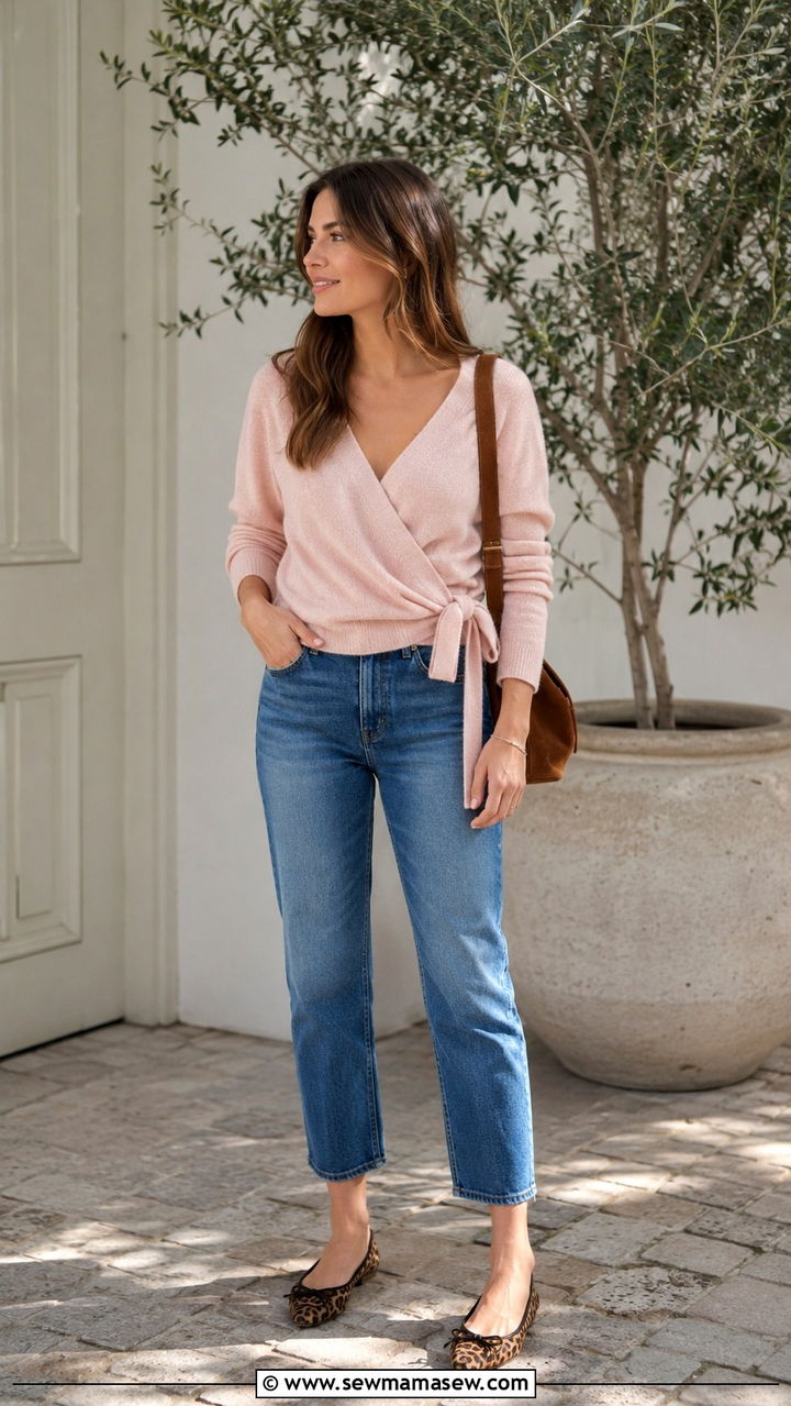 Wrap Sweater with Cropped Jeans and Leopard Flats - 30 Shoulder season outfit ideas