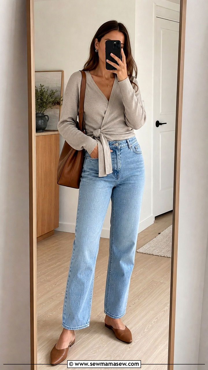 Wrap Top With High Waisted Jeans Outfit - 20 spring outfits for women with tummy