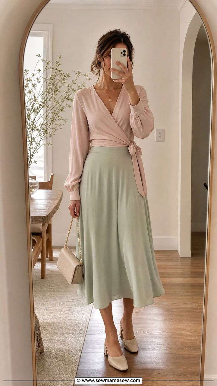 Wrap Top With Midi Skirt - 30 modest classy outfits 2026