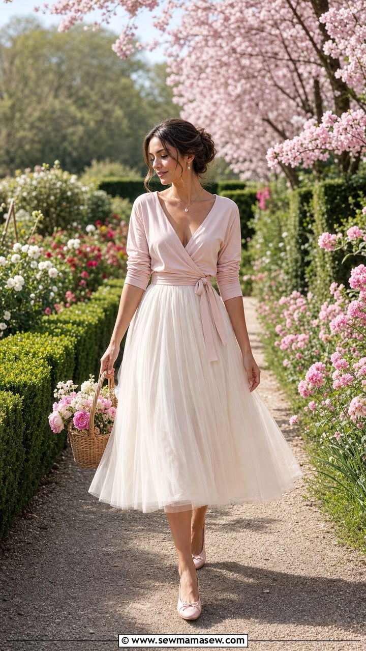 Wrap Top With Tulle Midi Skirt And Ballet Flats - 35 Balletcore spring outfits