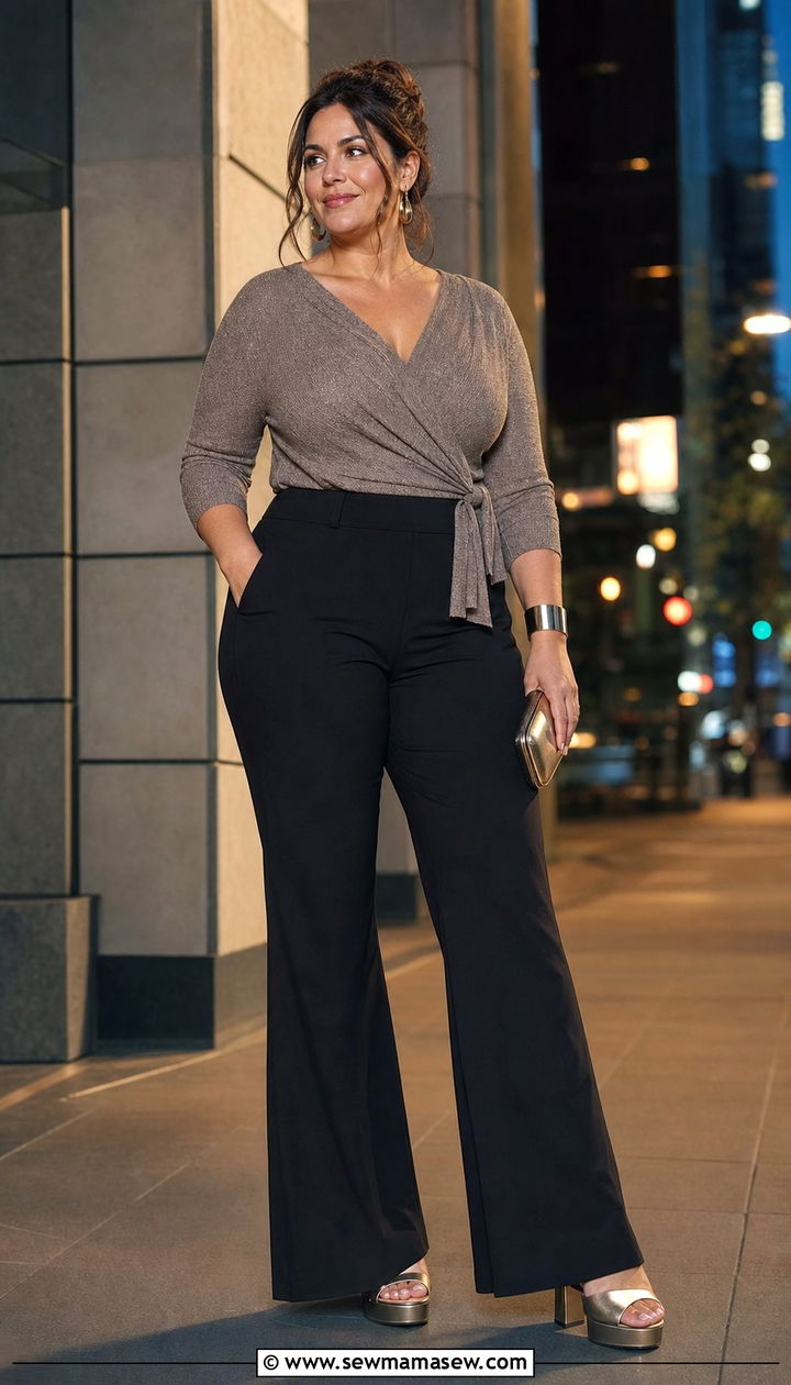 Wrap Top and High Waisted Flared Pants for Apple Shape - 25 Cute outfits for apple shape