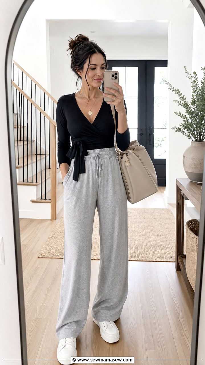 Wrap Top and Wide Leg Joggers Postpartum Outfit - 25 casual outfits for postpartum women