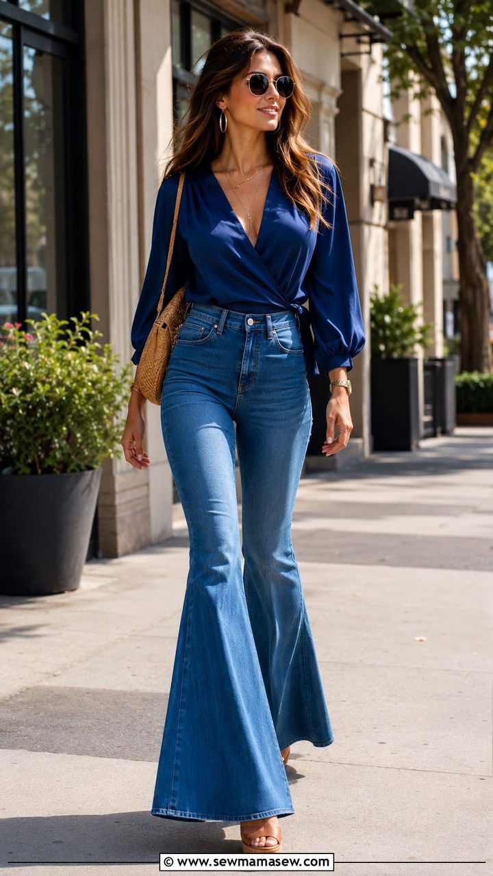 Wrap Top with Flare Jeans - 25 Outfits to balance shoulders