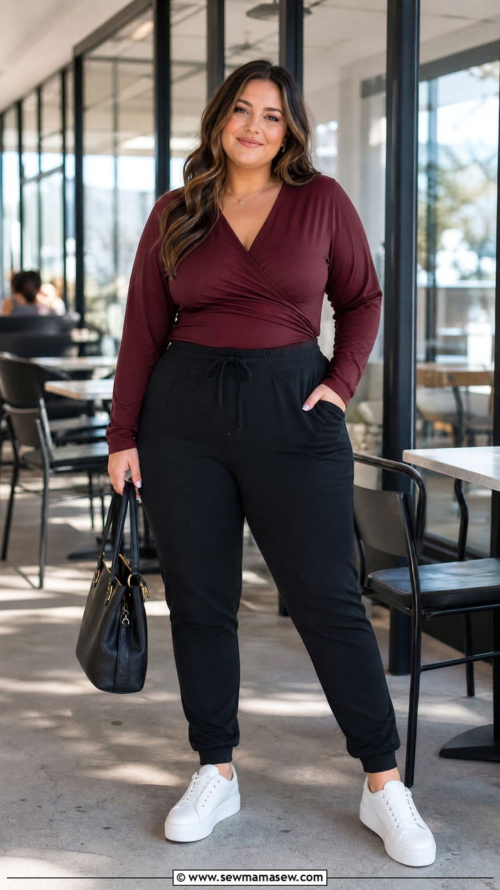 Wrap Top with High Rise Joggers and Platform Sneakers - 25 Plus size nursing outfit ideas