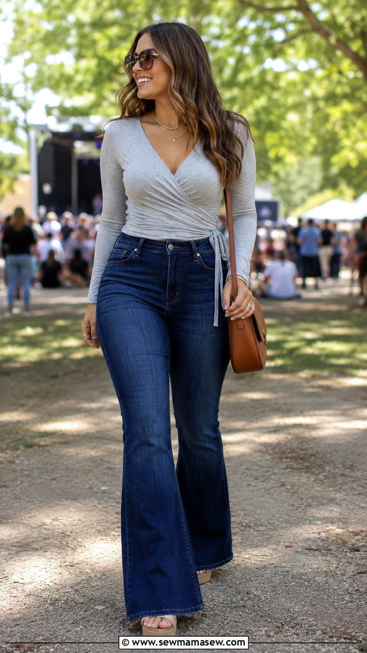 Wrap Top with High Waisted Flared Jeans - 25 Outfit ideas for size 10 hourglass