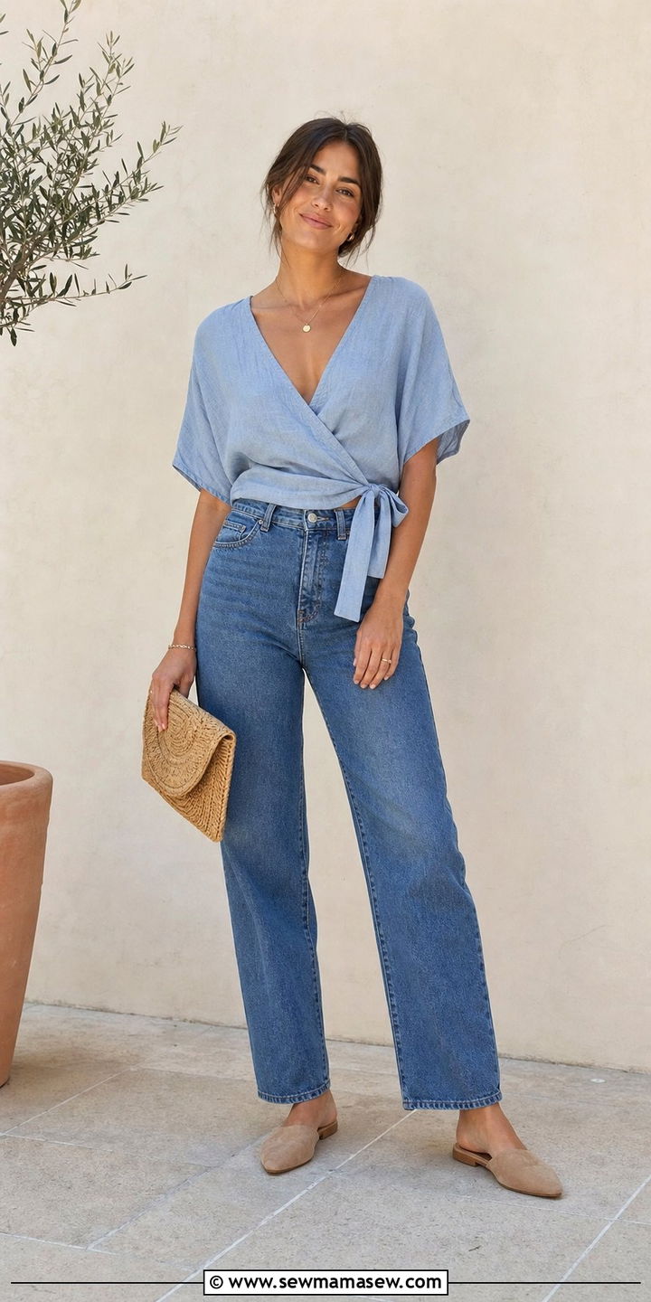Wrap Top with High Waisted Jeans - 25 Summer outfits for rectangle body