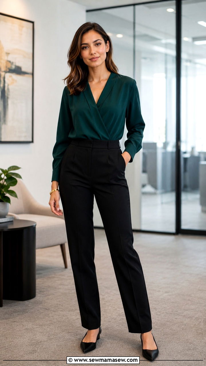 Wrap Top with High Waisted Tapered Trousers and Pointed Flats - 25 Pumping friendly work outfits