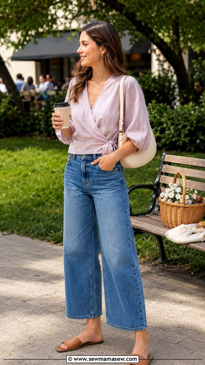 Wrap Top with Wide Leg Cropped Jeans and Mules - 30 Picnic outfit ideas