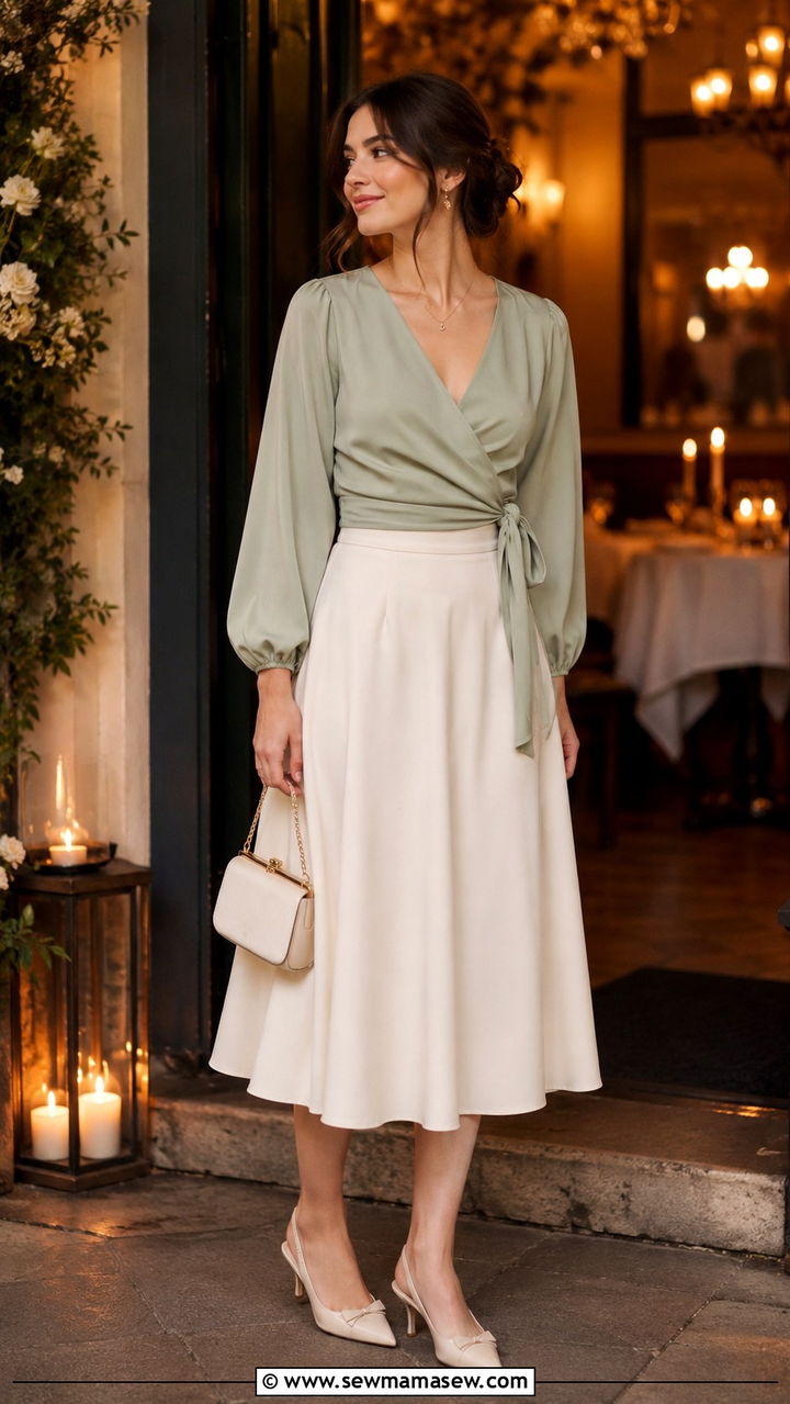Wrap blouse and A line midi skirt date outfit - 30 outfit ideas for rectangle body shape