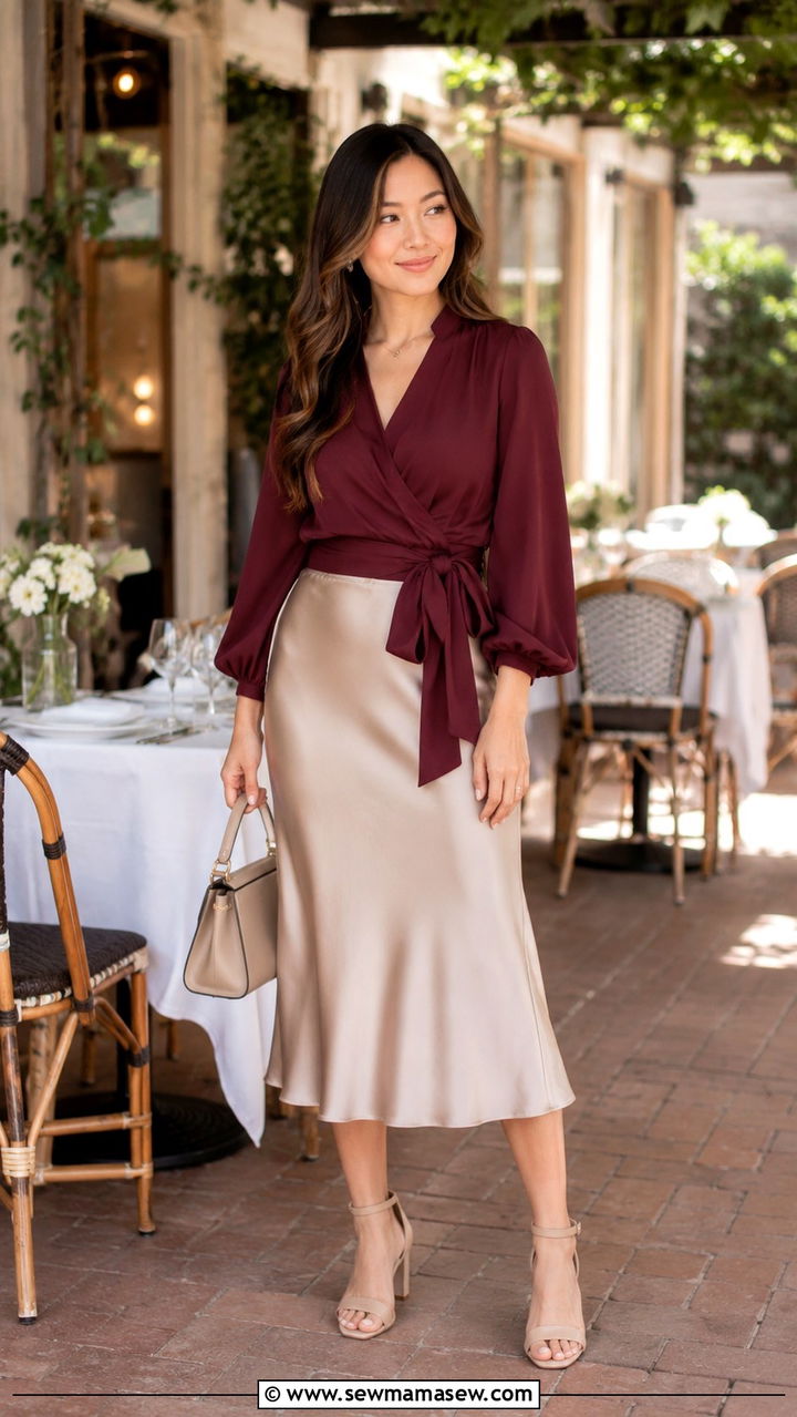 Wrap blouse and midi slip skirt with low block heels - 25 Petite outfit ideas affordable