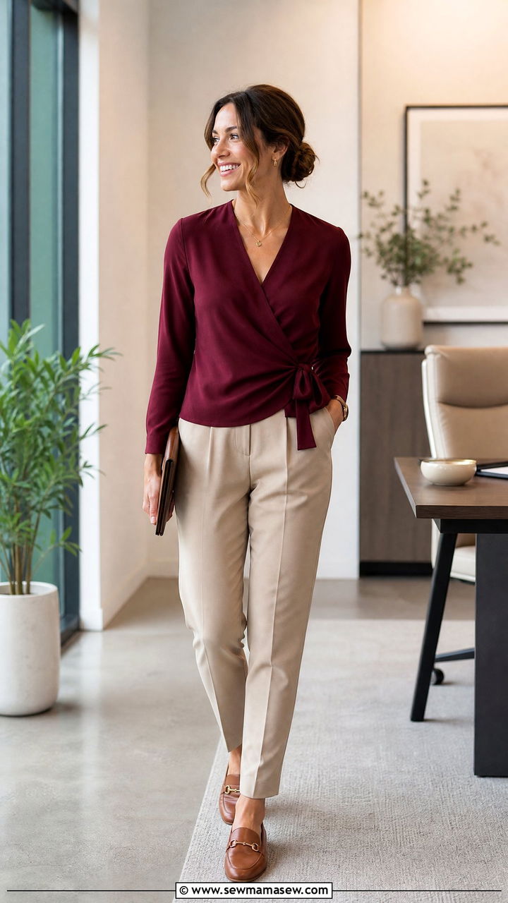 Wrap blouse and tapered trousers with loafer flats - 25 Business casual outfits with flats