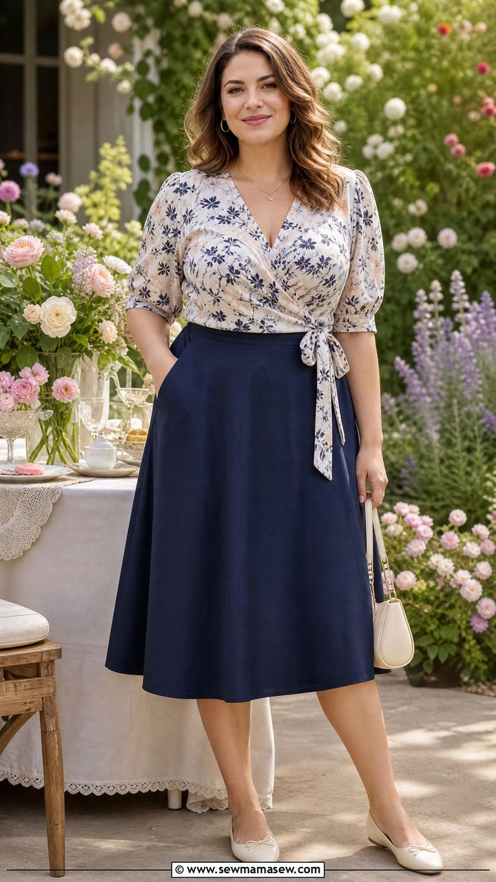 Wrap blouse with an A line midi skirt - 25 casual outfits for apple shaped body