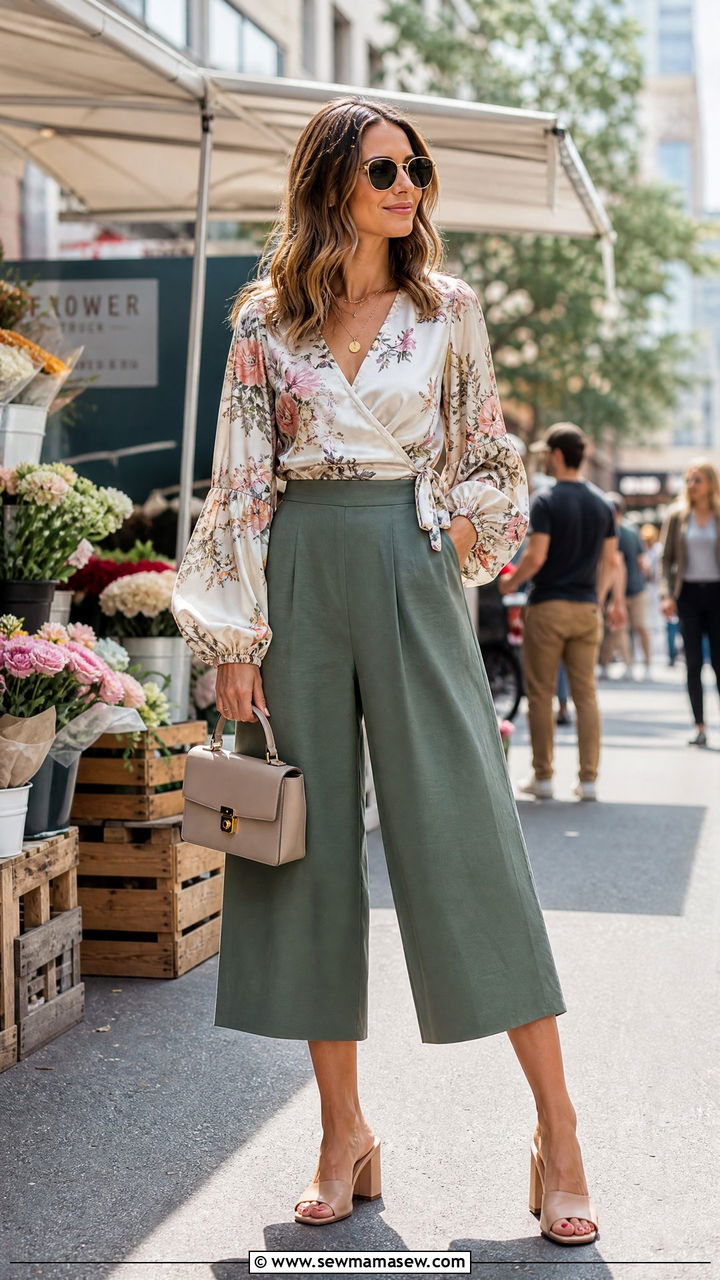 Wrap blouse with culottes - 25 Outfit ideas to flatter shoulders