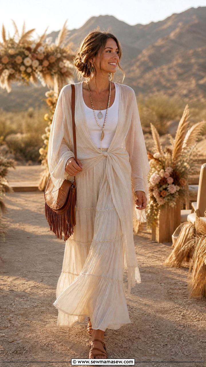 Wrap cardigan and maxi skirt boho wedding outfit - 25 How to style a cardigan for a wedding