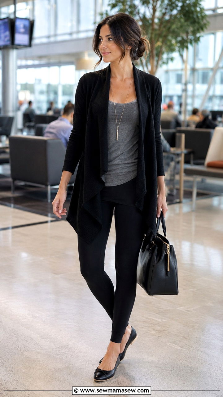 Wrap cardigan with leggings and ballet flats - 30 Loungewear outfit ideas for airport