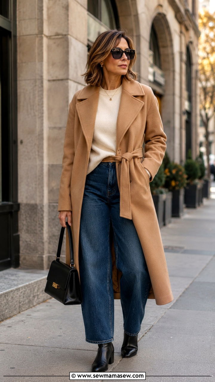 Wrap coat over a fine knit top and barrel leg jeans - 25 model off duty outfit ideas for women over 40