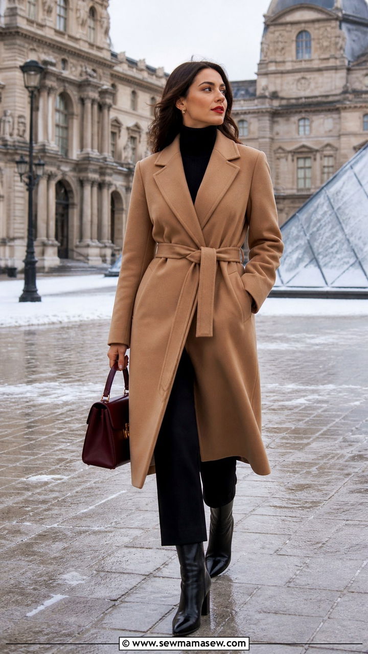 Wrap coat with heeled boots outfit - 40 Parisian chic outfit ideas