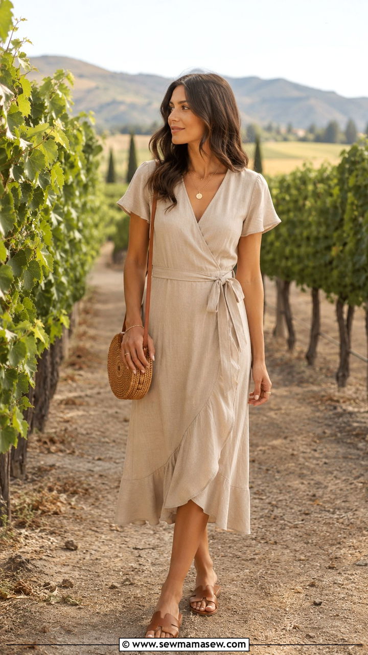 Wrap dress and flat sandals outfit - 30 Travel capsule wardrobe ideas
