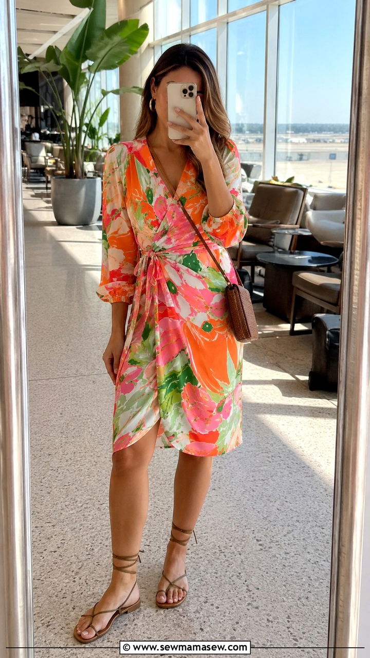 Wrap dress and flat strappy sandals - 25 Airport outfit ideas for beach vacation