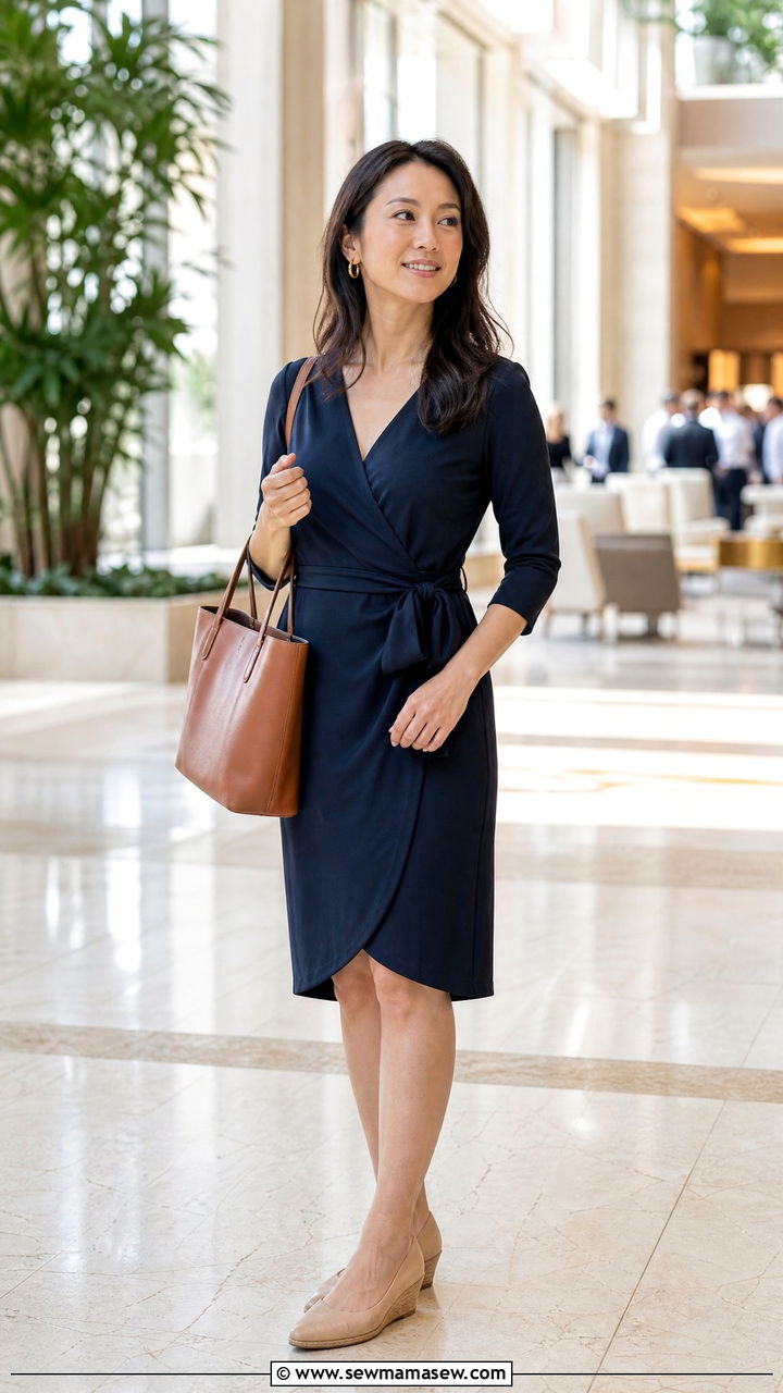 Wrap dress and low wedge heels with tote bag - 35 Marketing conference outfit ideas