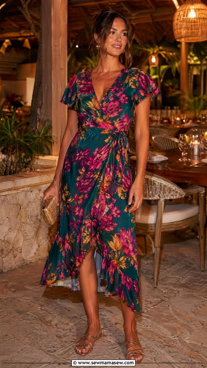 Wrap dress and sandals for dinner on vacation - 35 Family vacation outfit ideas