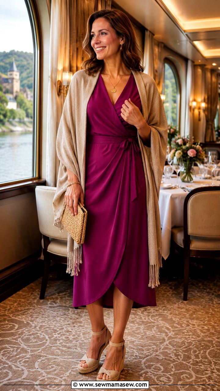 Wrap dress and wedge sandals outfit - 30 Rhine cruise outfit ideas