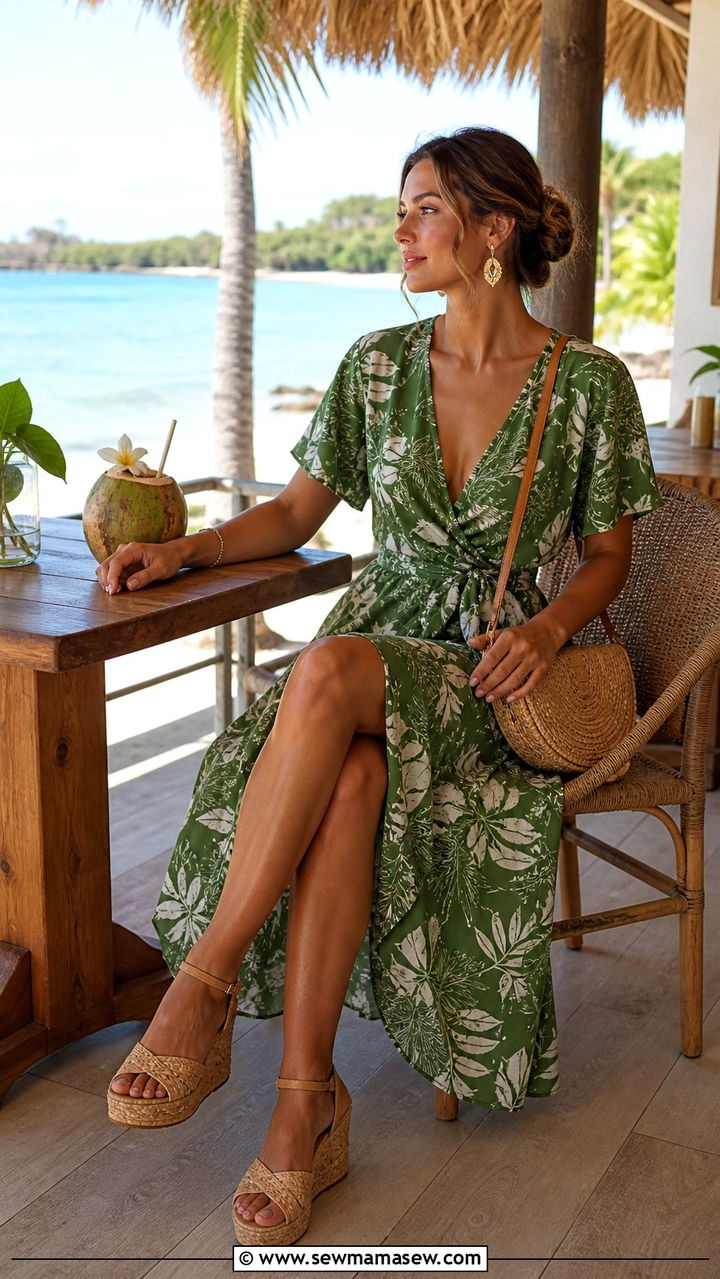 Wrap dress and woven wedge sandals outfit for Fiji lunch date - 40 What to wear in Fiji