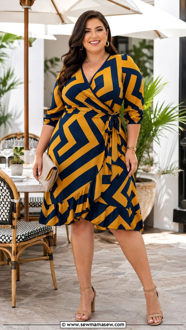 Wrap dress in bold print with heeled sandals - 30 Plus size outfit ideas spring 2026