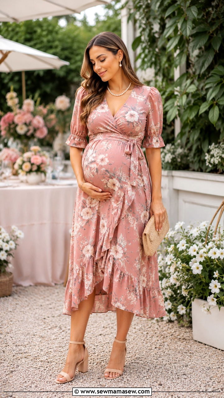 Wrap dress maternity outfit baby shower - 25 Mom to be outfit ideas