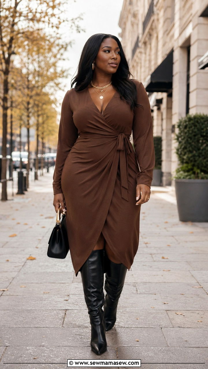 Wrap dress with V neckline and knee high boots - 25 outfit ideas for women with wide hips