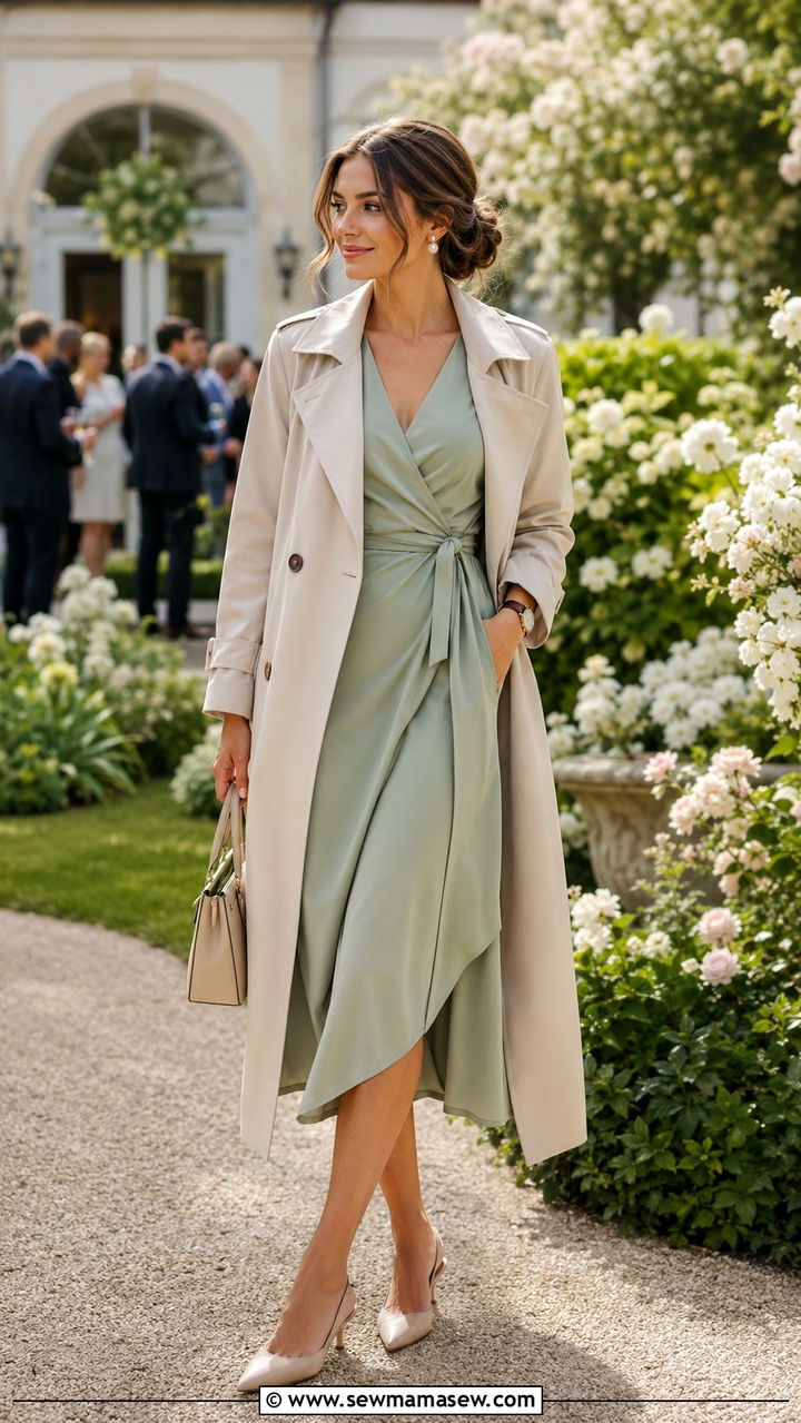 Wrap dress with a trench coat and kitten heels - 30 Spring capsule wardrobe