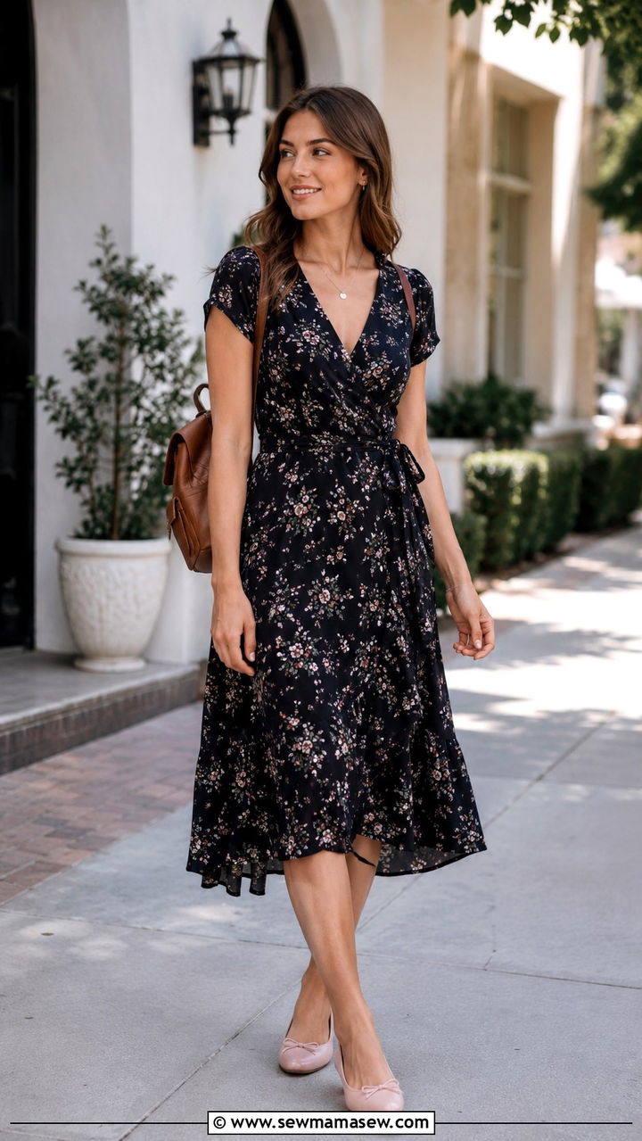 Wrap dress with ballet flats - 20 Outfit ideas for belly after C section