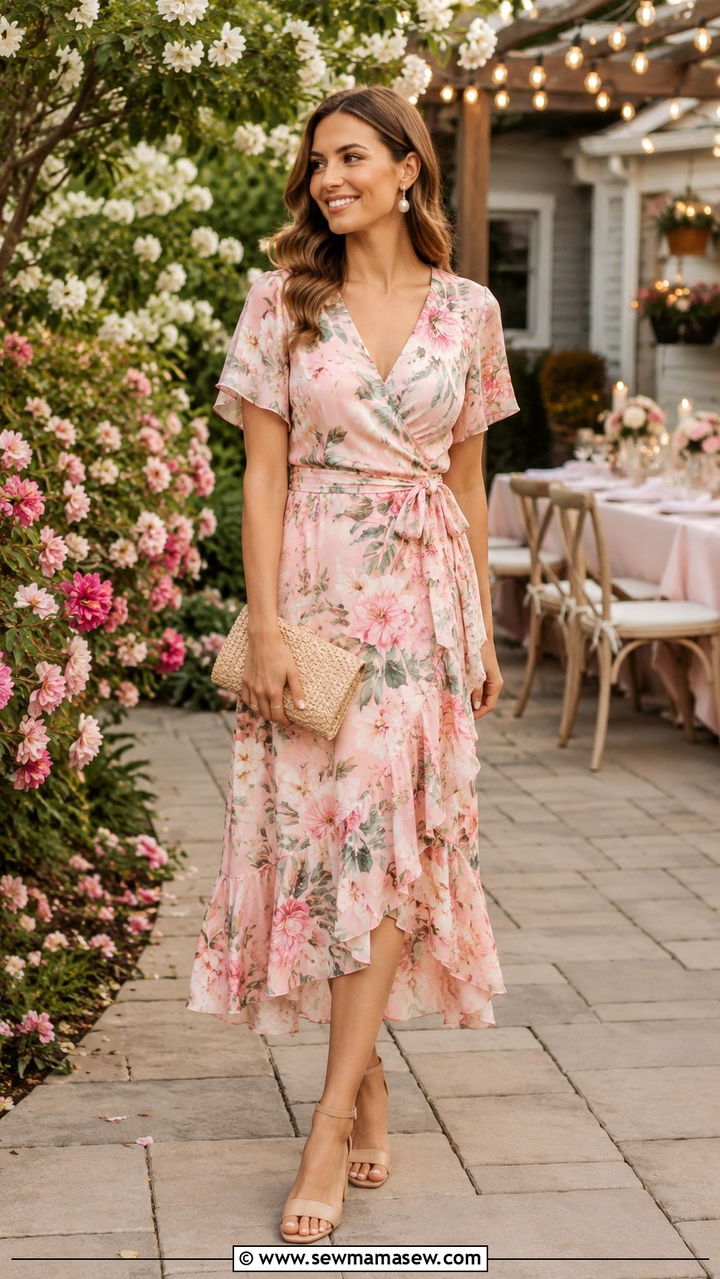 Wrap dress with block heels and straw clutch outfit - 30 Spring backyard outfits