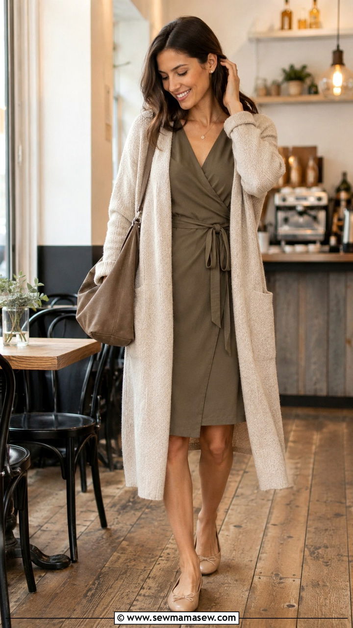 Wrap dress with cardigan outfit - 25 Wrap dress outfit ideas with a belt