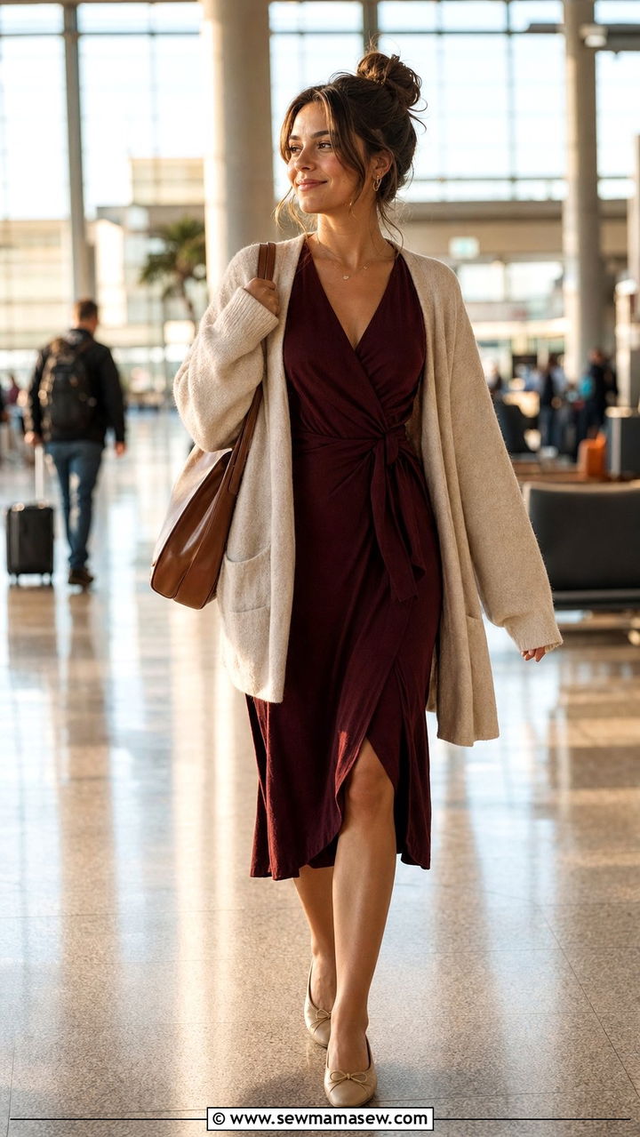 Wrap dress with cardigan - 35 Airport outfits for long flights