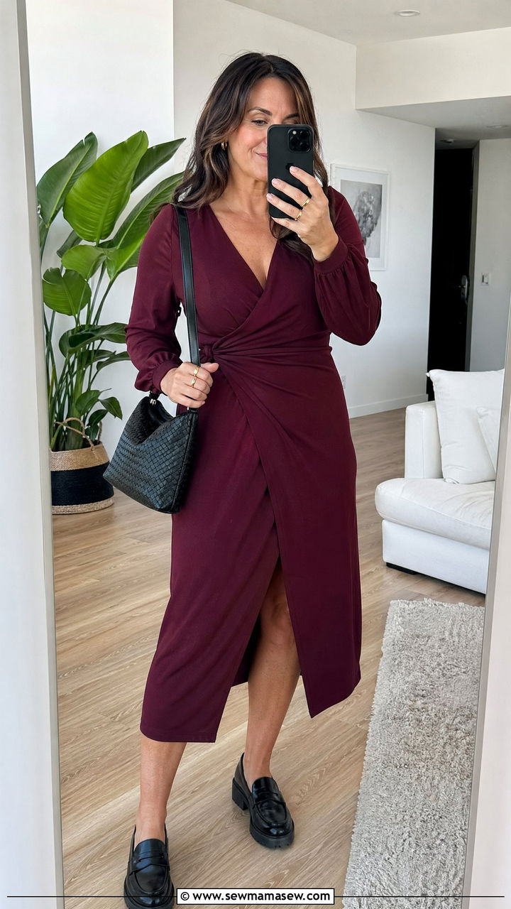 Wrap dress with classic loafers - 35 French girl outfit ideas for women over 40
