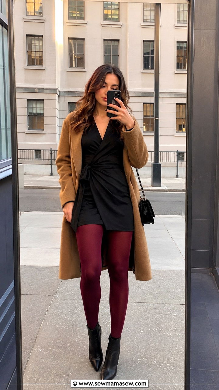Wrap dress with colored tights outfit - 25 Wrap dress outfit ideas with tights
