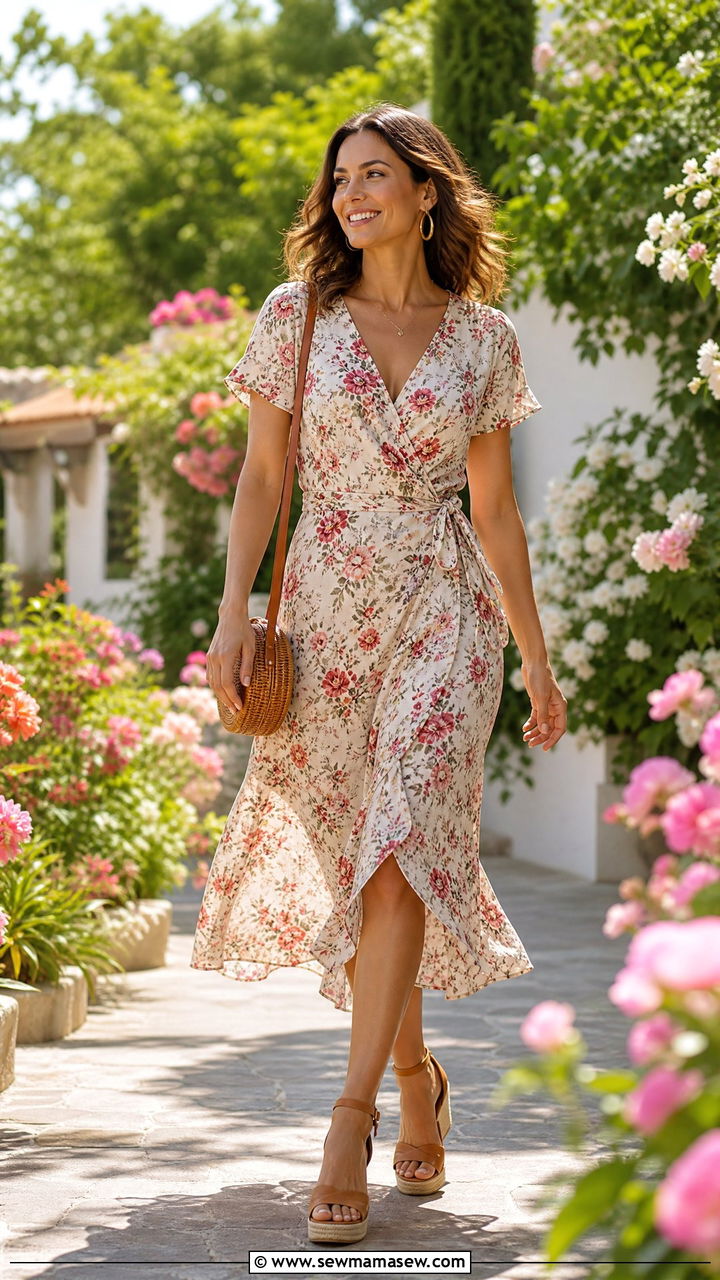 Wrap dress with espadrille wedges - 30 summer office party outfit ideas